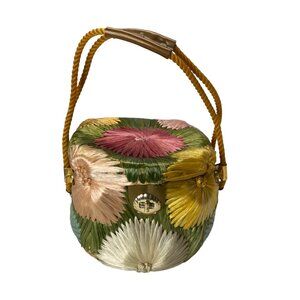 Vintage Floral Woven Straw Handbag Rope Handle Gold Hardware